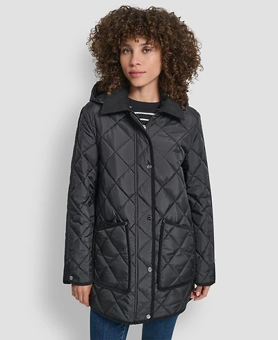 Dkny Women's Corduroy Collar Hooded Quilted Coat