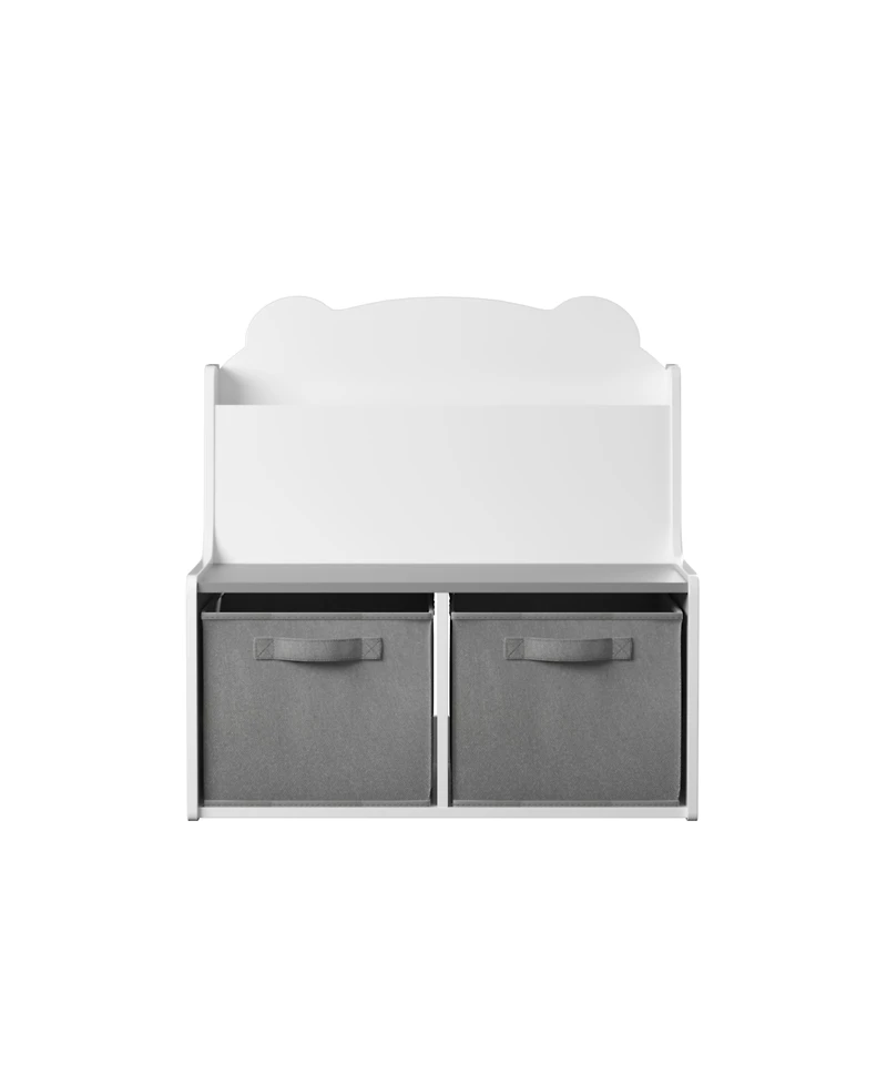 Jujabu Kids White and Gray Wooden Bookshelf with Book Display Shelf and 2 Fabric Bins, Cute Bear-Shaped Backboard