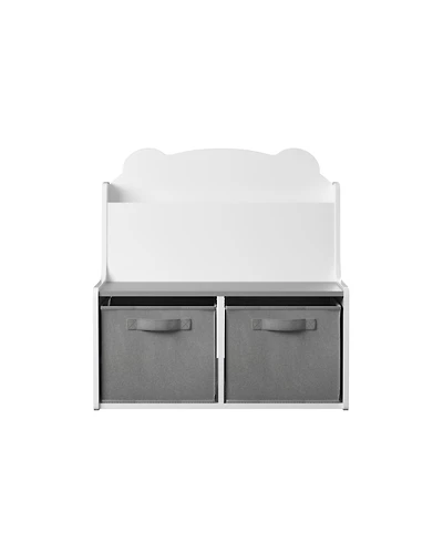 Jujabu Kids White and Gray Wooden Bookshelf with Book Display Shelf and 2 Fabric Bins, Cute Bear-Shaped Backboard