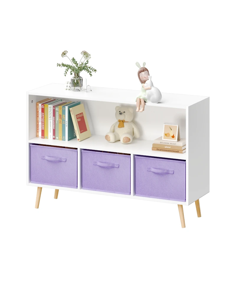 Jujabu 35 in. Wide White/Purple Kids Bookcase with Collapsible Fabric Drawers, Children's Book Display, Toy Storage Cabinet