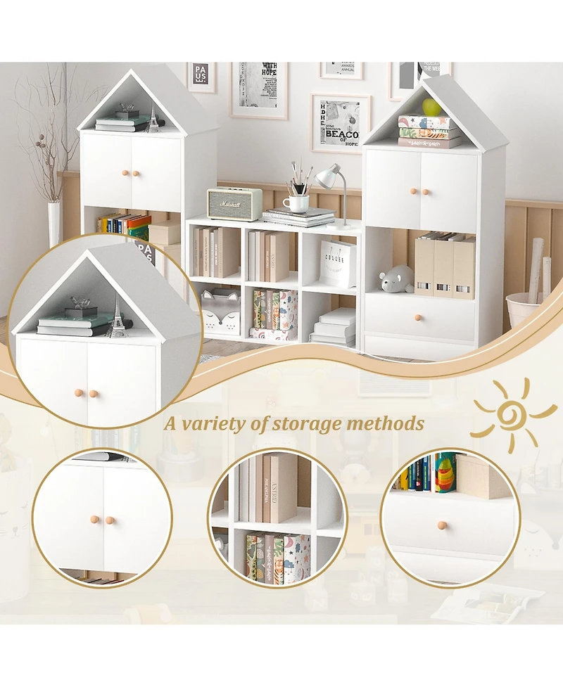 Jujabu White Wood Children's Bookshelf with House-Shaped Design with Adjustable Placement for Playroom or Bedroom