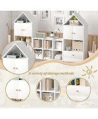 Jujabu White Wood Children's Bookshelf with House-Shaped Design with Adjustable Placement for Playroom or Bedroom