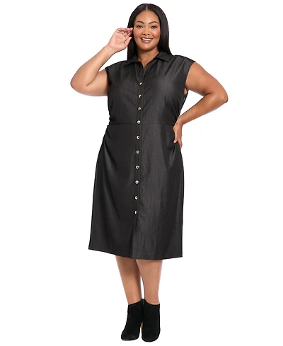 London Times Plus Denim Short Sleeve Midi Dress