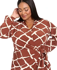 London Times Plus Size Long Sleeve Wrap Midi Dress