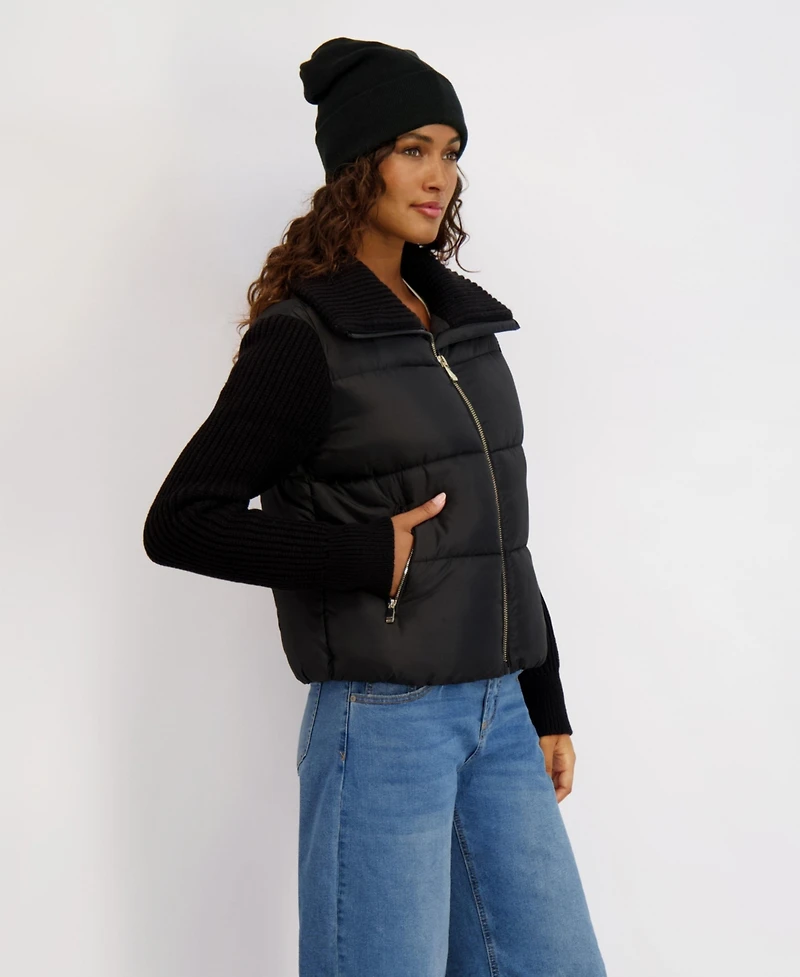 Kensie Women's Mixed Media Short Puffer with Knit Sleeves & Collar