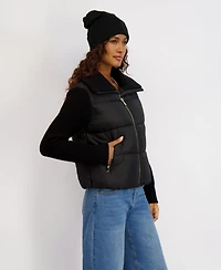 Kensie Women's Mixed Media Short Puffer with Knit Sleeves & Collar