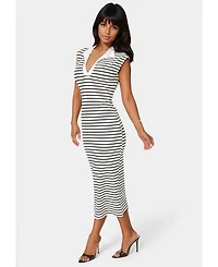 Bebe Women's Stripe Rib Column Dress with Collar