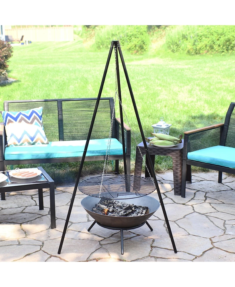 Sunnydaze Decor Outdoor Camping or Backyard Steel Tripod Fire Pit Cooking Grilling Bbq Grate - 22" - Black
