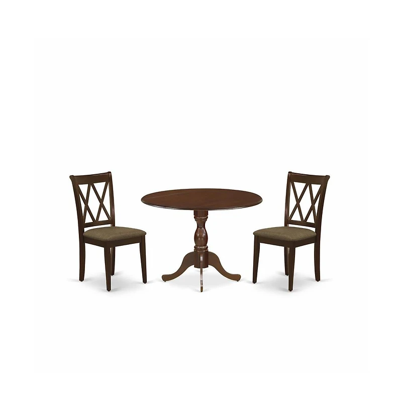East West Furniture DMCL3-mah-c 3 Piece Dining Room Set Consists of 1 Drop Leaves Dining Table and 2 Mahogany Linen Fabric Dining Room Chairs with Dou