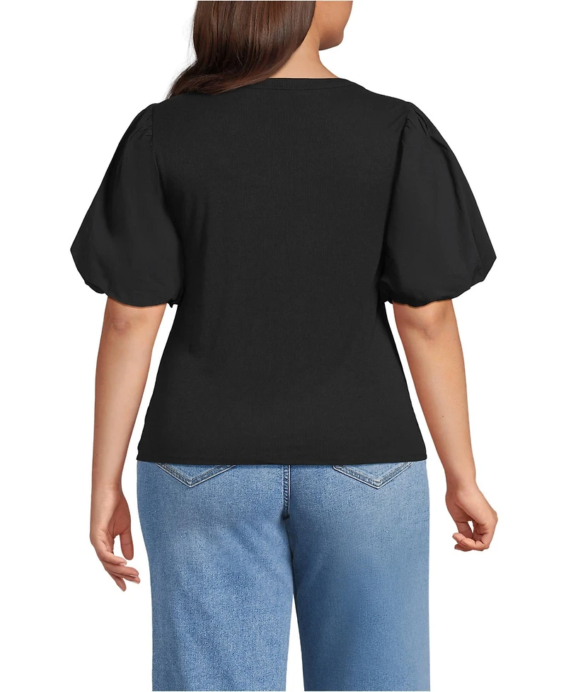 Lands' End Women's Plus Drapey Rib Puff Sleeve Scoop Neck Top