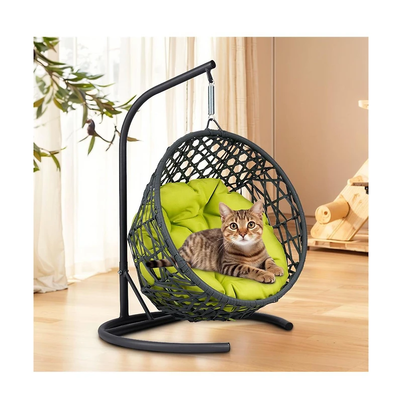 Zeus & Ruta Rattan Cat Egg Chair with Stand and Cushion in Green