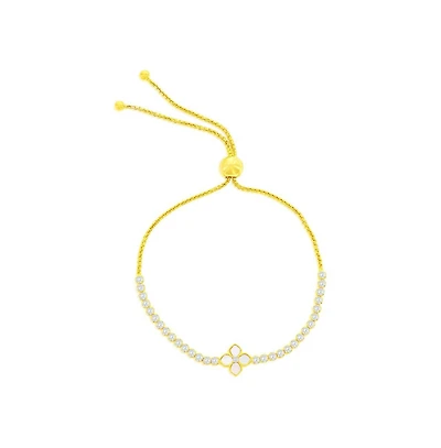 Caribbean Treasures Sterling Silver, Flower Mop Center, Cz Adjustable Bolo Bracelet