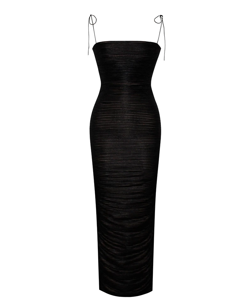Miss Circle Women The Glint Black Ruched Chiffon Long Maxi Dress