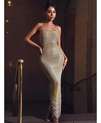 Miss Circle Women The Glint Gold Ruched Chiffon Long Maxi Dress