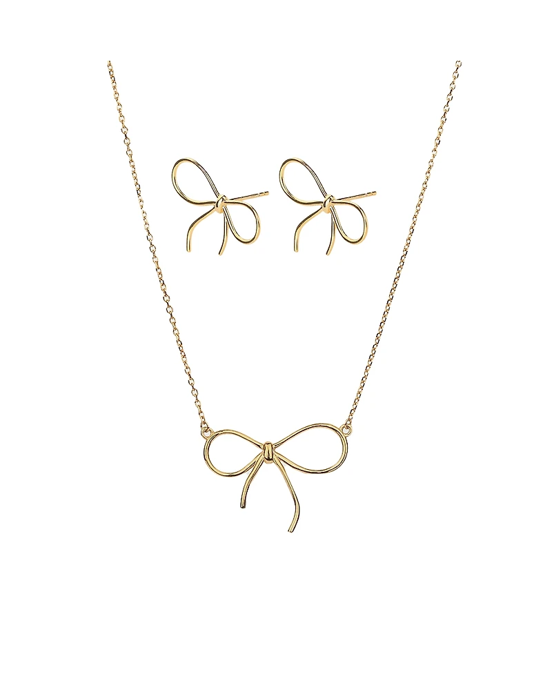 Sterling Silver 18k Gold Plated Colette Chic Bow Necklace & Stud Earrings Set