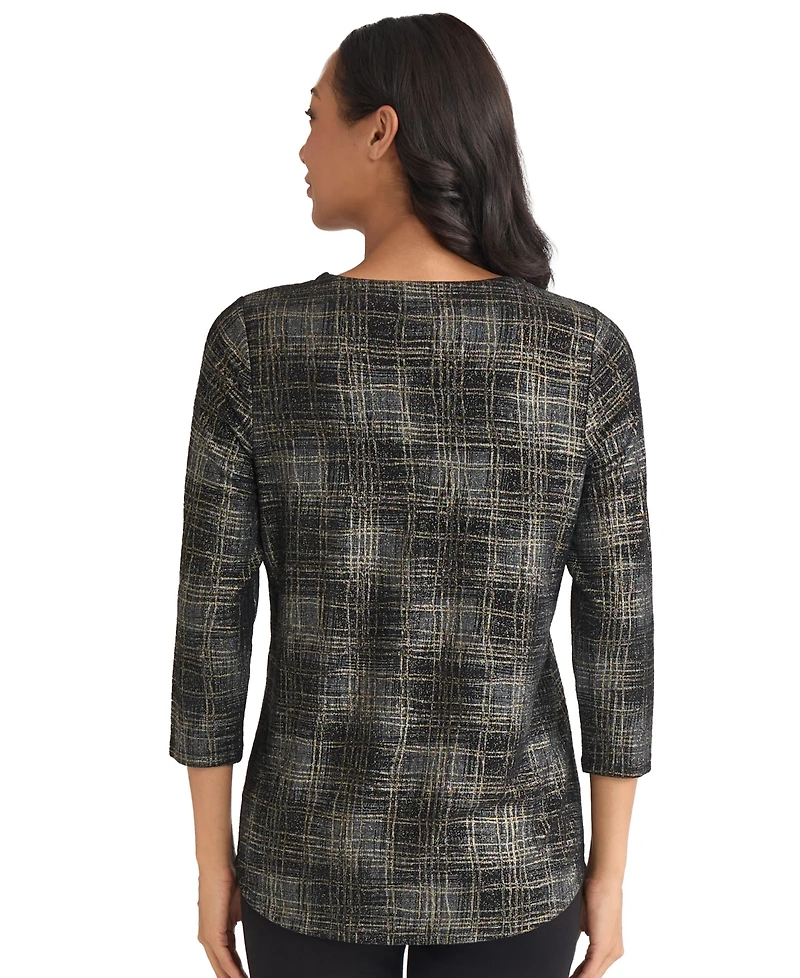 Jones New York Women's Two Tone Foil V-Neck Top