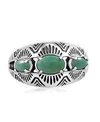 American West Jewelry Sterling Silver Green Turquoise 3-Stone Oval Band Ring