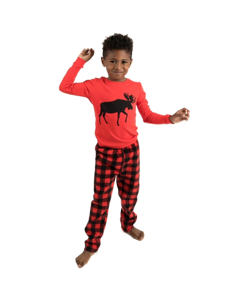 Leveret Kids Cotton Top and Fleece Pants Pajamas, Plaid Black Red, Matching Family Christmas Pajamas