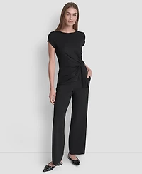Dkny Women's Short Sleeve Rib Knit Waist Tie Detail Top