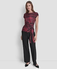Dkny Women's Printed Jersey Waist Tie Detail Knit Top