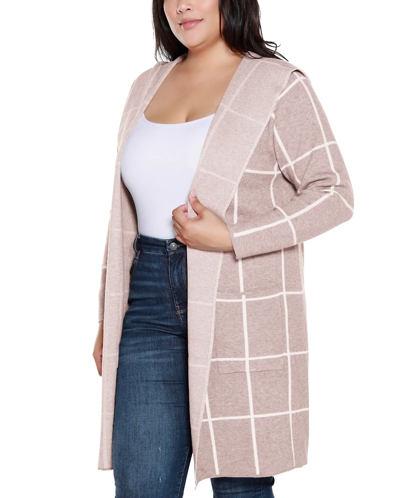 Belldini Plus Size Hooded Windowpane Plaid Cardigan Sweater
