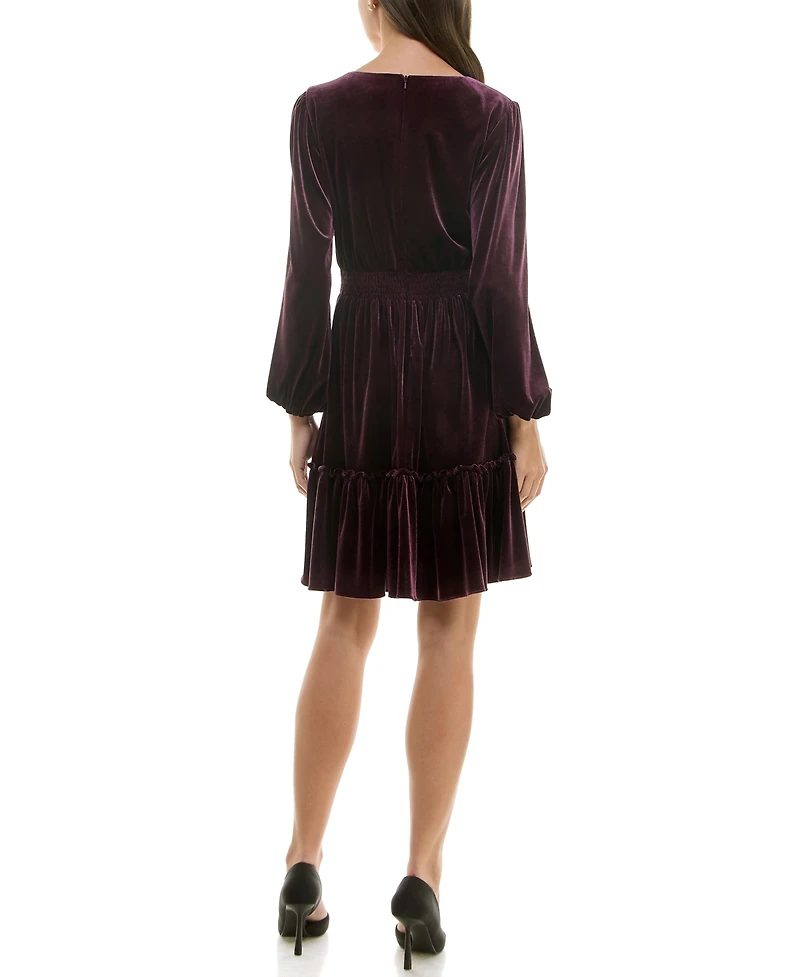Taylor Petite V-Neck Long-Sleeve Smocked-Waist Velvet Dress