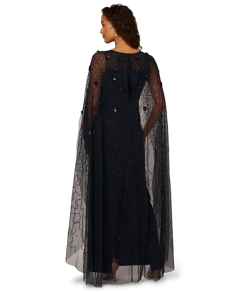 Adrianna Papell Women's Bead Cape Crepe Long Dress
