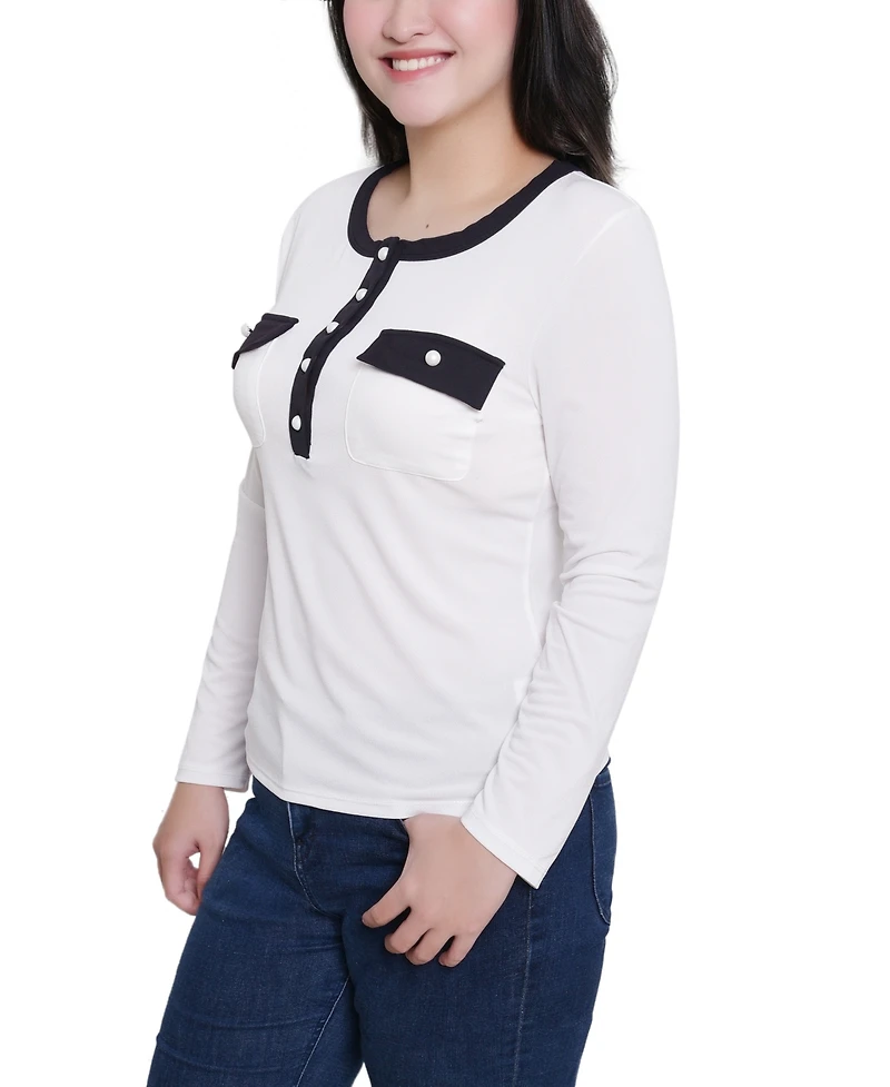 Ny Collection Women's Long Sleeve Contrast Detail Top