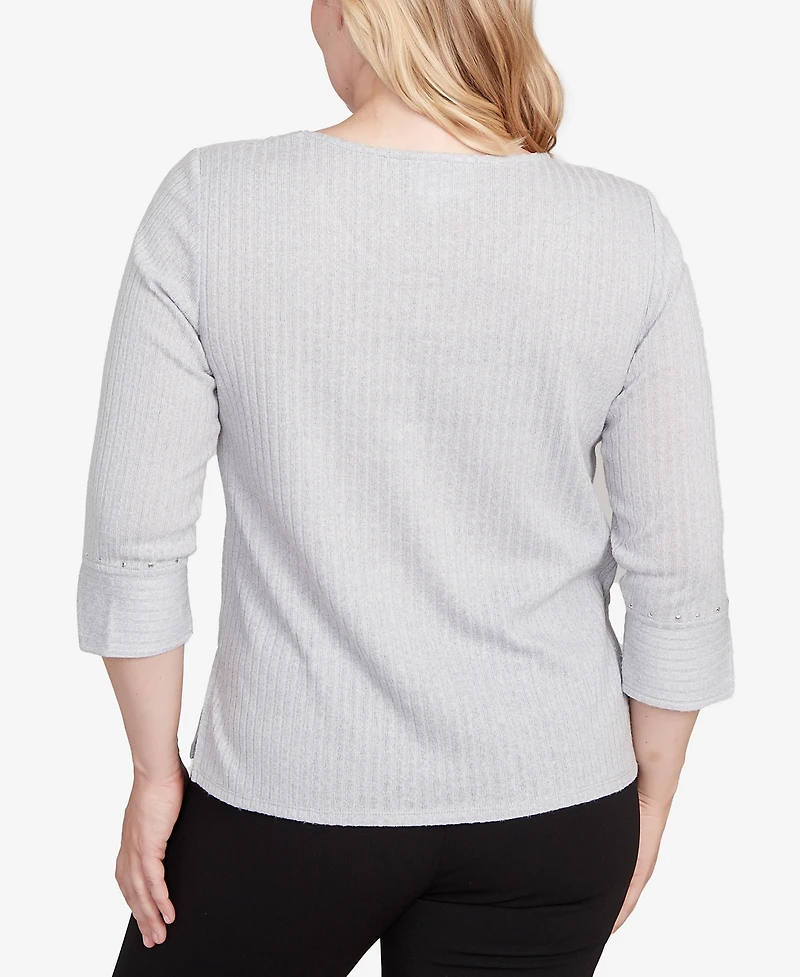 Alfred Dunner Jet Setter Heat Set Embellished Solid Knit Top