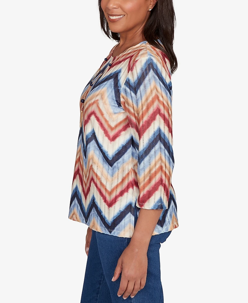 Alfred Dunner Sunset Canyon Textured Knit Chevron Top With Necklace