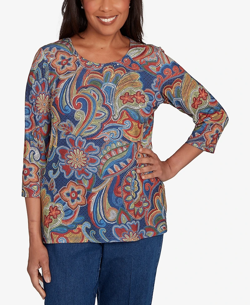 Alfred Dunner Sunset Canyon Stitched Floral Pleated Neck Top