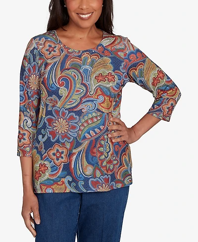 Alfred Dunner Sunset Canyon Stitched Floral Pleated Neck Top