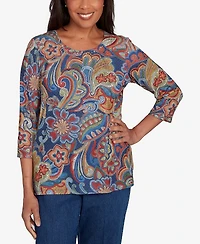Alfred Dunner Sunset Canyon Stitched Floral Pleated Neck Top