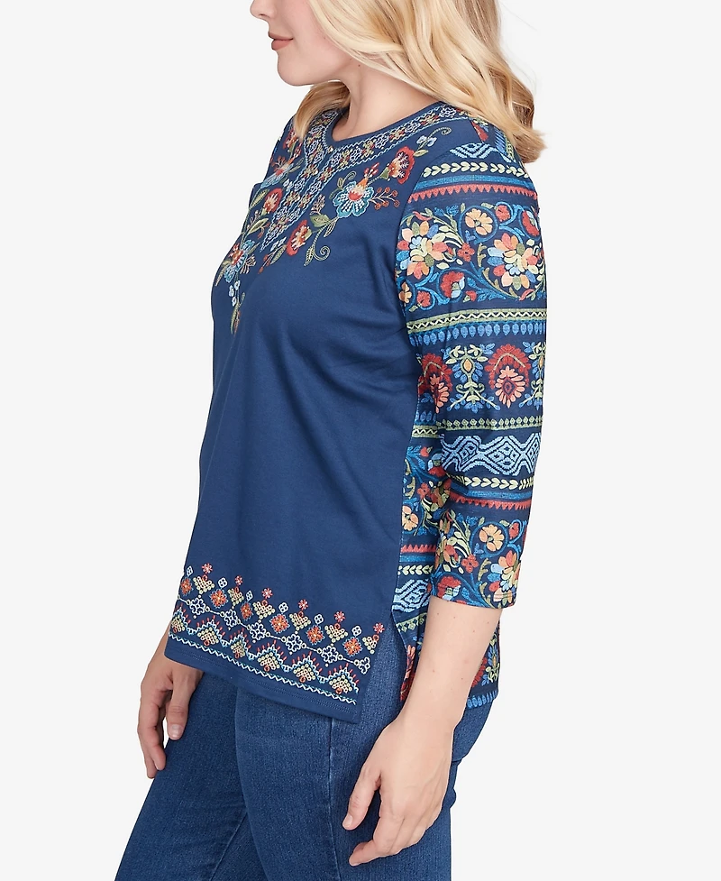 Alfred Dunner Sunset Canyon Printed Sleeve Floral Embroidered Top