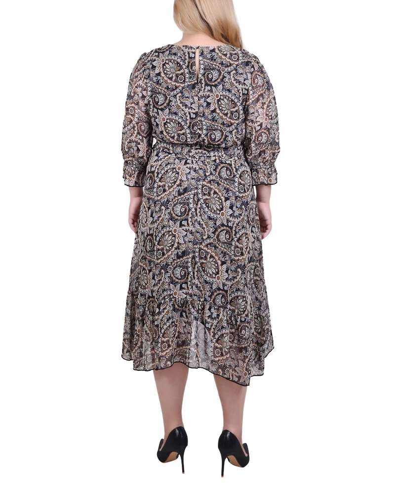 Ny Collection Plus 3/4 Sleeve V-Neck Flounced Dress