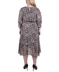 Ny Collection Plus 3/4 Sleeve V-Neck Flounced Dress