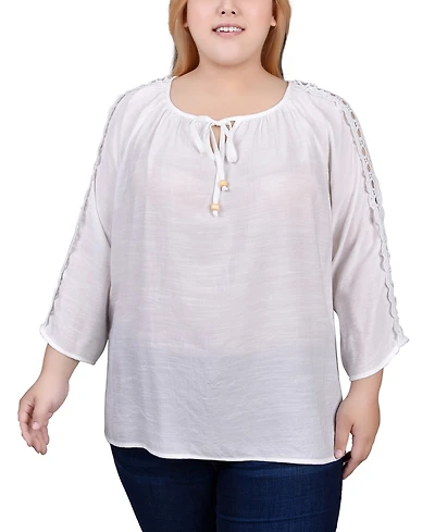 Ny Collection Plus 3/4 Sleeve Crochet Detail Top