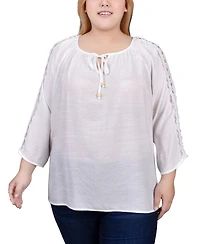 Ny Collection Plus 3/4 Sleeve Crochet Detail Top