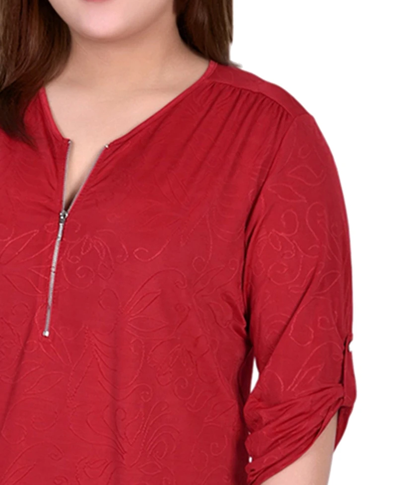 Ny Collection Plus 3/4 Roll Tab Zip Front Jacquard Knit Top