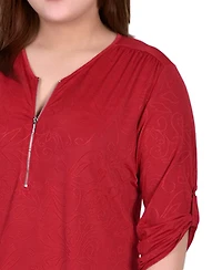 Ny Collection Plus 3/4 Roll Tab Zip Front Jacquard Knit Top