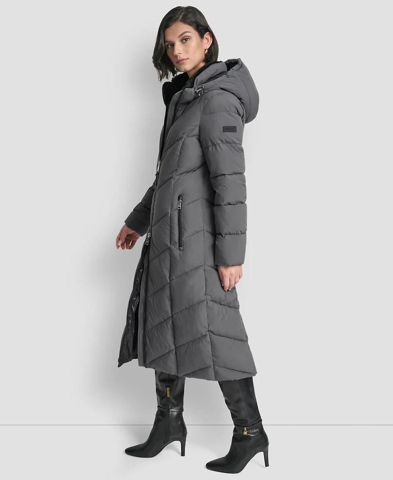 Dkny Women's Hooded Zip Front A-Line Maxi Puffer Coat