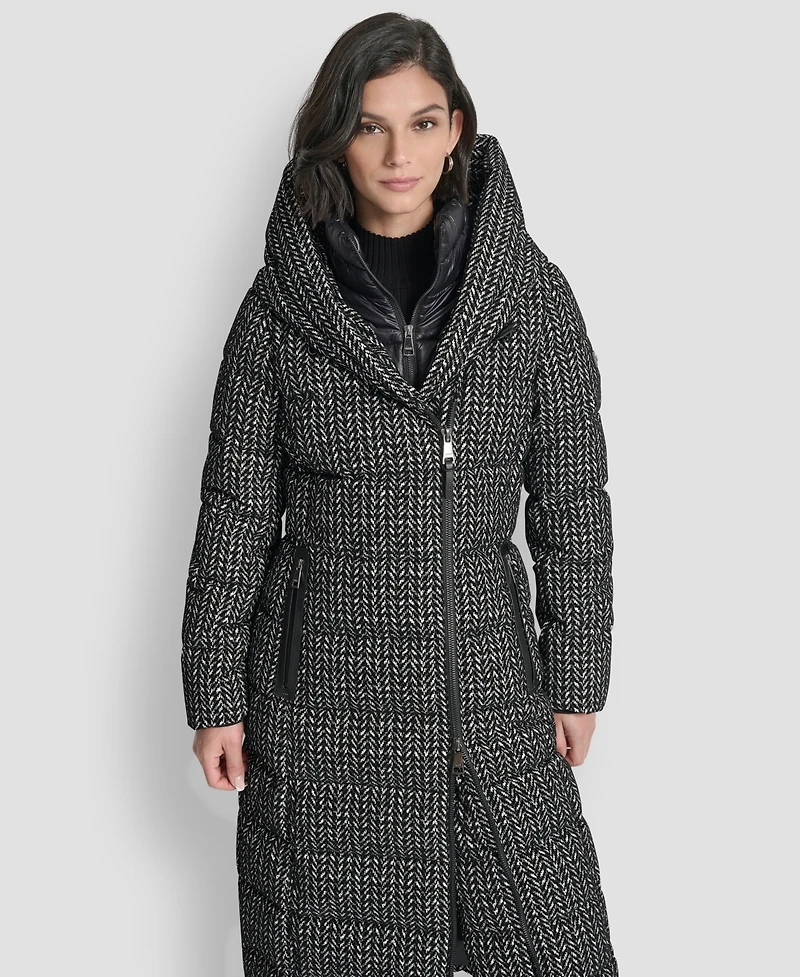 Dkny Women's Bibbed Shawl Collar Hooded Puffer Coat