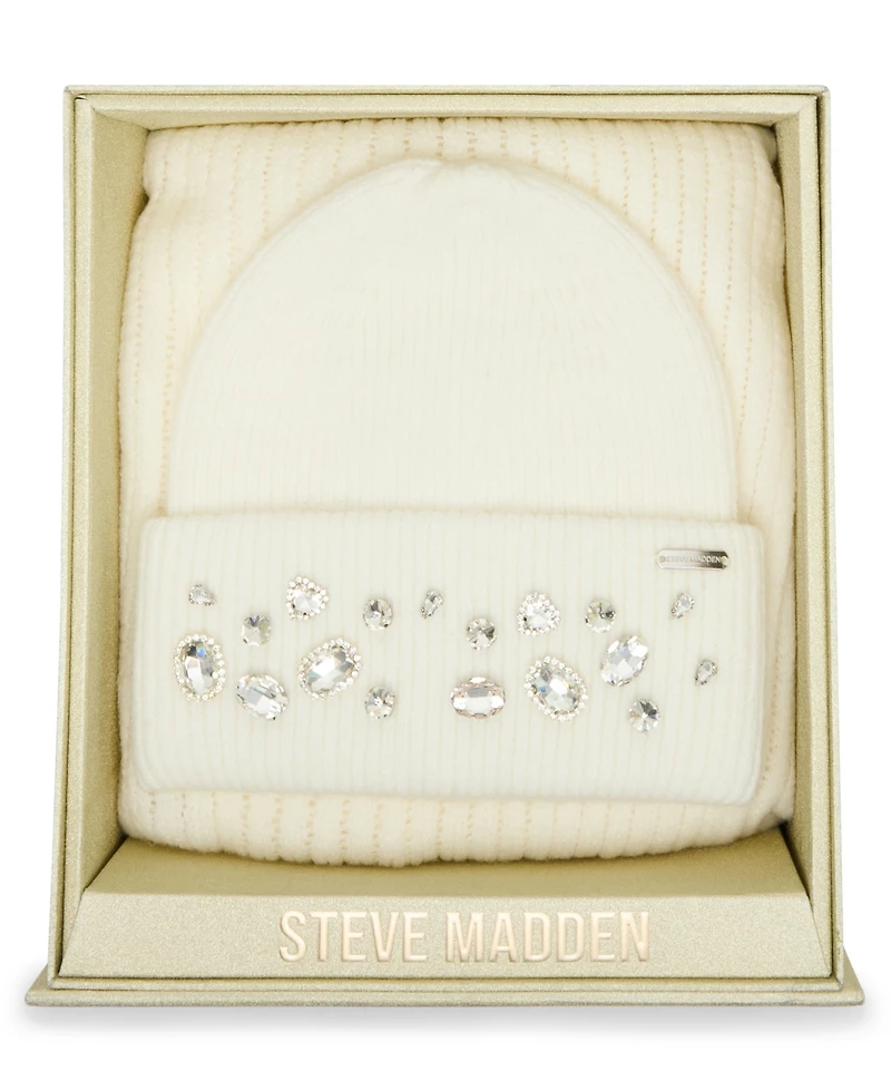 Steve Madden Women's Embellished Beanie and Knit Scarf Holiday Gift Set, 2-Piece
