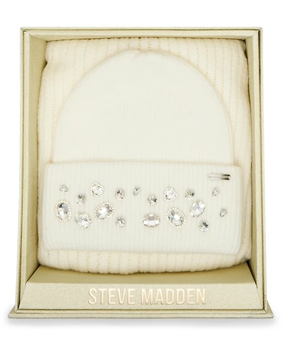 Steve Madden Women's Embellished Beanie and Knit Scarf Holiday Gift Set, 2-Piece