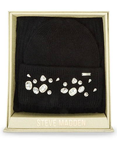 Steve Madden Women's Embellished Beanie and Knit Scarf Holiday Gift Set, 2-Piece