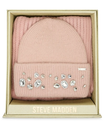 Steve Madden Women's Embellished Beanie and Knit Scarf Holiday Gift Set, 2-Piece