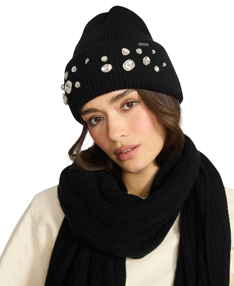 Steve Madden Women's Embellished Beanie and Knit Scarf Holiday Gift Set, 2-Piece