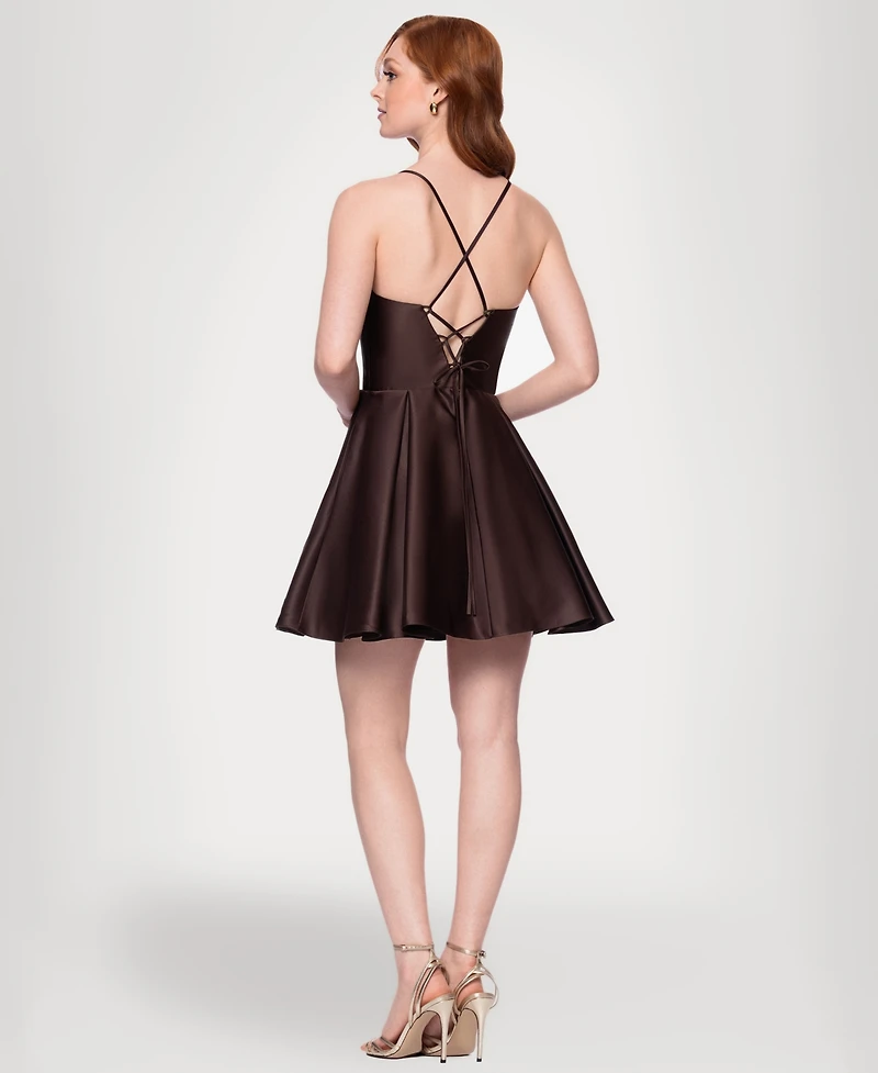 Blondie Nites Juniors' Satin Draped-Neck Mini Dress