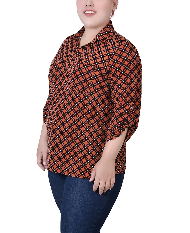 Ny Collection Plus 3/4 Roll Tab Sleeve Studded Y Neck Top