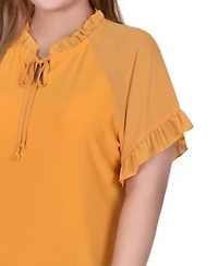 Ny Collection Plus Short Ruffled Sleeve Crepe Knit Top with Chiffon Sleeves
